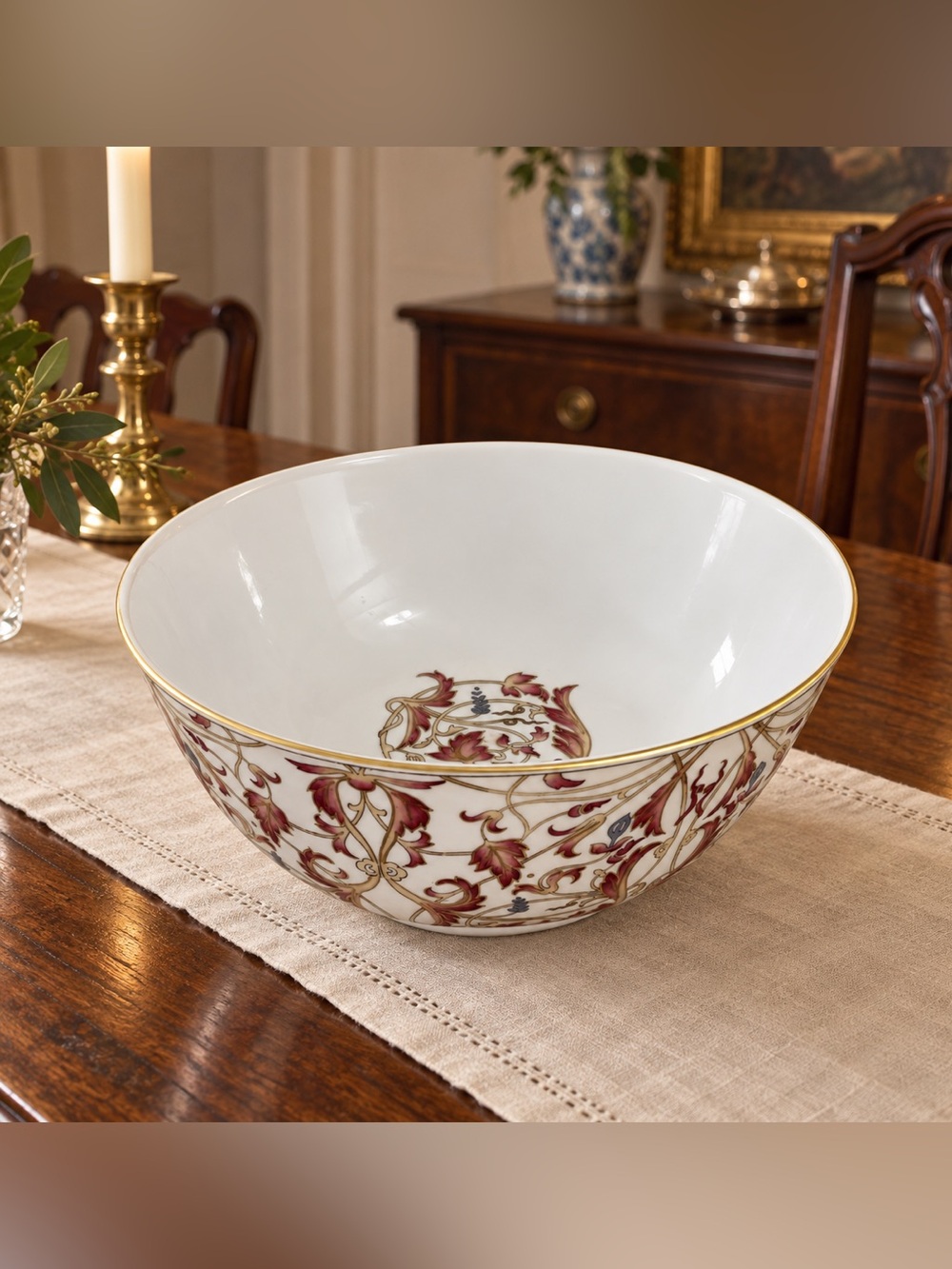 Decorative Porcelain Serving Bowl with Pink Scroll Floral Motif and Gold Trim